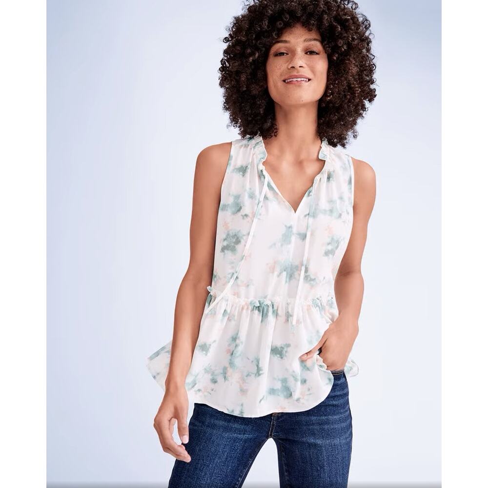 LOFT White Tie-Dye Chiffon Sleeveless Babydoll Peplum Blouse Tank Top Women's XL